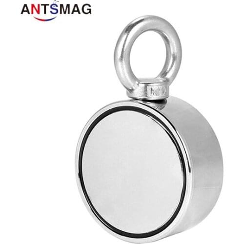 Double Sided Round Neodymium Magnet with Eyebolt for Magnet Fishing and Salvage in River, Pull Force 350lbs x2, 2.95" Diameter