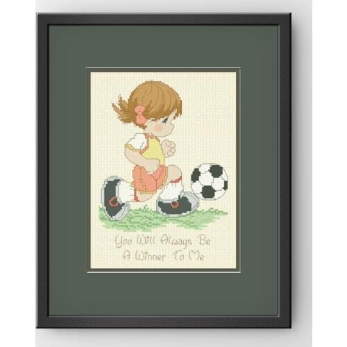 Fishxx Cross Stitch 14CT Kit European Style Childrens Bedroom Paintings H053 Playing Soccer Girl with Movement Pattern