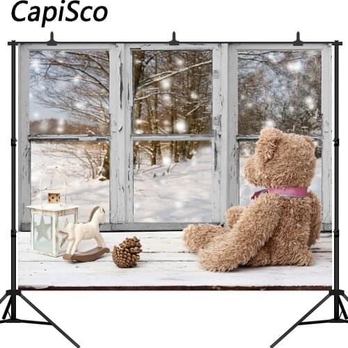 Capisco photography backdrop Christmas old window bear gift decor forest snow background photo portrait shoot prop photocall