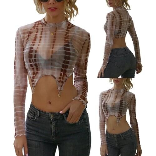 Sexy Women’s Casual Long Sleeve T-shirt Fashion Tie-dye Mesh Yarn Slim Fit Exposed Navel Tops 2021 New Fashion