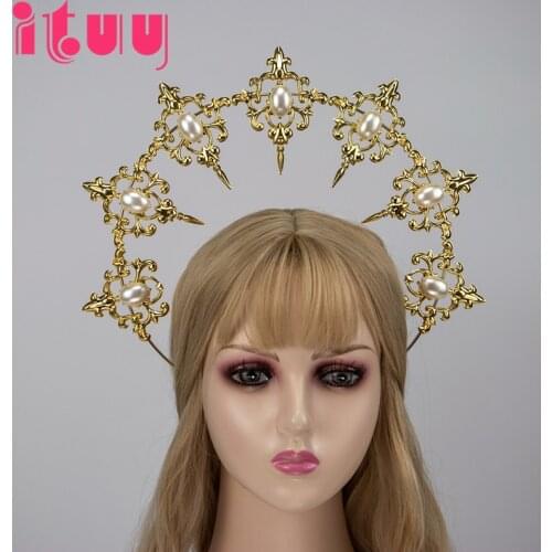 Handmade KC Halo Headpiece Gothic Lolita Virgin Mary Goddess Sun Baroque Pearl Gold Halo Crown Headband Party Hair Accessories