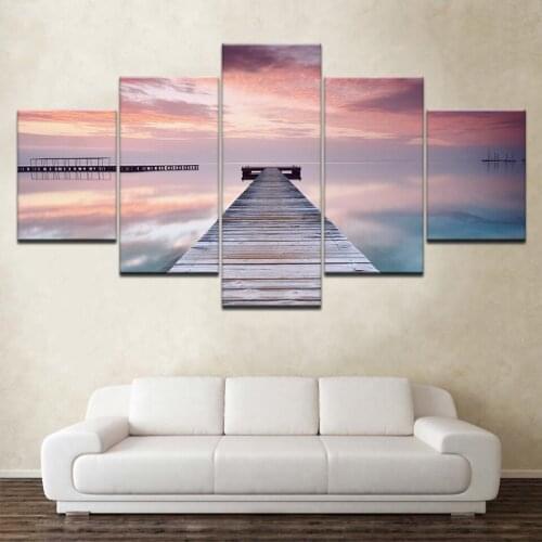 Canvas Paintings Home Decor 5 Pieces Sunset Glow Wooden Bridge Landscape Picture Modular Prints Poster For Living Room Wall Art