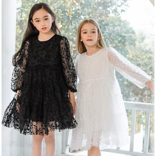Sweet Casual Dresses For 3 - 12 Years Girls Puff Sleeve Floral Embroidery Knee Length Gown Kids Wedding Party Dress New 2021