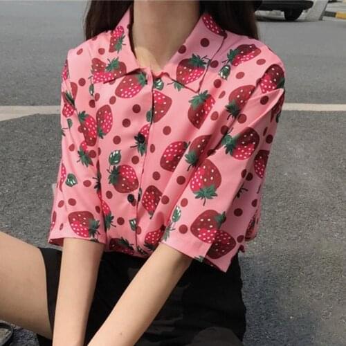 Fashion Women Short Sleeve Strawberry Print Single-breasted Shirt Top Womens Clothing рубашка женская 2021 Sweet Style