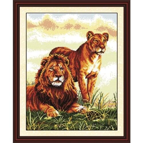 Accompanying Lion Chinese Print Pattern Cross Stitch DIY DMC 14CT Embroidered Needlework Set Counting Pattern On Canvas Animal