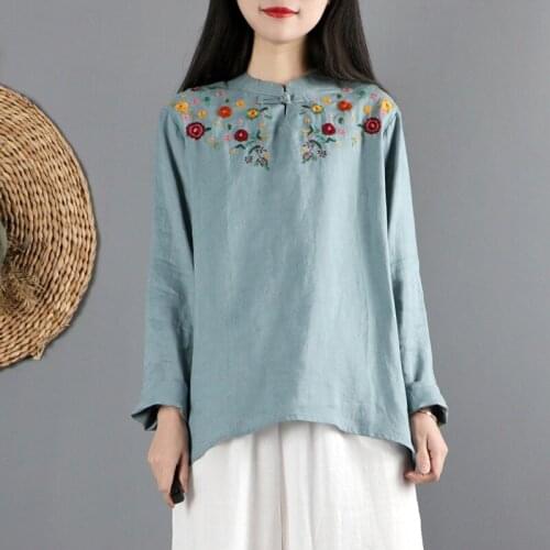 Oversized Women Cotton Linen Blouses Shirts New 2021 Chinese Style Clothing Women Vintage Embroidery Loose Casual Tops 12414