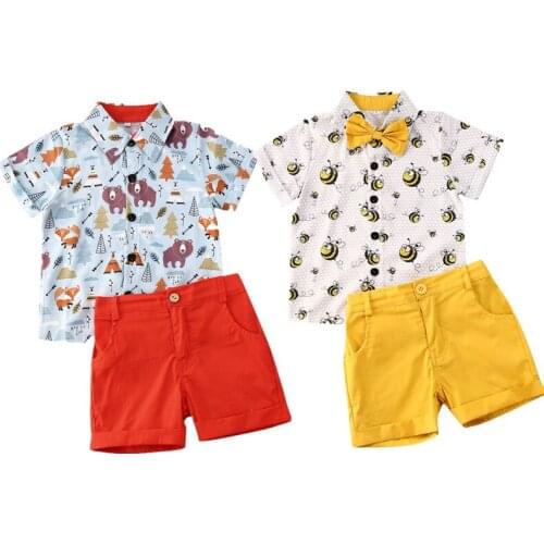Baby Boy Summer Clothing Sets Cartoon Animal Printed Short Sleeve Shirts Tops + Shorts 1-6Y Gentleman Toddler Outfits 2021 New