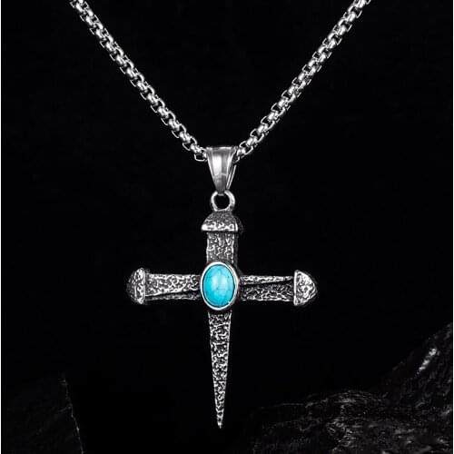Stainless Steel Skull Cross Turquoises Nail Pendant Necklace Vintage Mens Punk Rock Cross Necklaces Jewelry Gift For Him