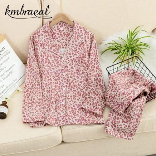 Pajamas for Women Knitted Cotton Autumn and Winter Long Sleeve Sexy Pink Leopard Print Home Service Sleepwear Two Piece Set 2021
