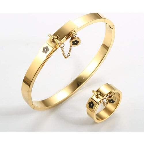Stainless Steel Luxury Fashion Jewelry Set Gold Women Bangle Bracelet Flower Charm Finger Rings For Men Women Jewelry Set Gift