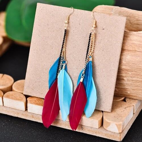 Colorful Feather Vintage Bohemian Golden Long Chain Fringed Earrings Temperament Fairy Water Drops Earrings Boho Indian Jewelry