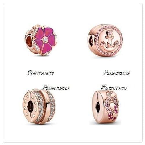 925 Sterling Silver Baeds Rose Sparkling Pink Anchor Clip Charm Fit Pan Bracelet & Necklace Jewelry