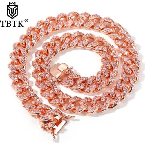 TBTK 12mm Pink Zircon Hiphop Cuban Link Chains Rose Gold Luxury Fashion Jewelry Colar Feminino Necklaces High Quanlity Punk