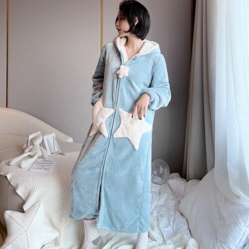 Winter lovely bridal morning gown star moon flannel nightgown lady coral velvet pajamas plus size home dress warm homewear