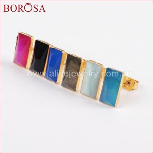 BOROSA Fashion Druzy Stud Earrings,Rectangle Gold Color Natural Multi-kind Stones Faceted Drusy Stud Earrings for Women G1298