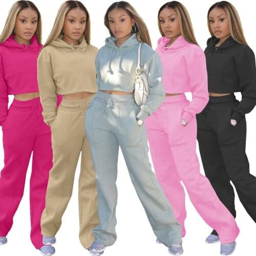 Casual Thicken Women Two Piece Set Solid Hooded Sweatshirt Crop Top Pocket Wide Leg Pants Matching Set Winter Sports Streetwear