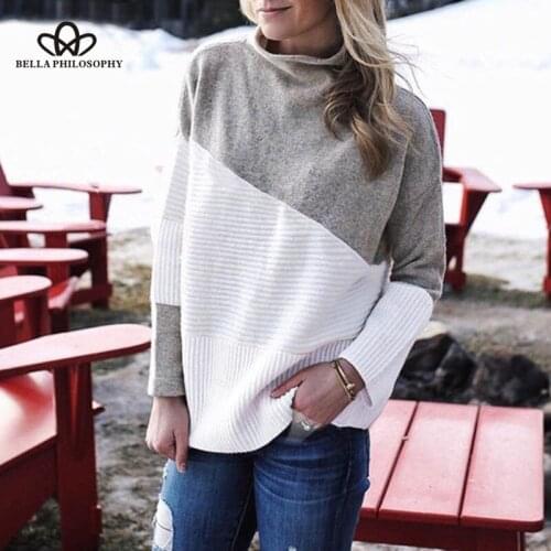 Bella Philosoph Knitted Jumper Streetwear Autumn Women Turtleneck Sweater Patchwork Long Sleeve Pullovers Sweaters Female
