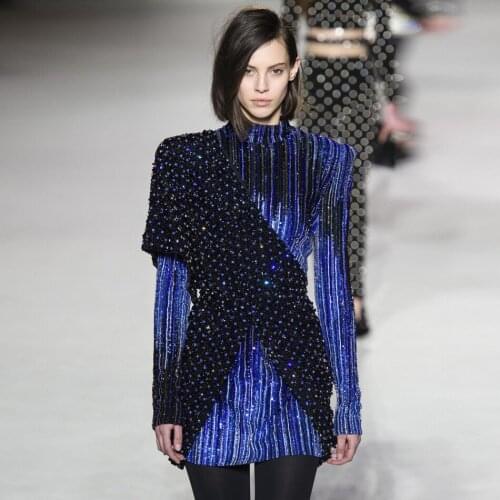 New Comong Sequin Stripe Femme Mesh Dress Long Sleeve Mock Neck Autumn Luxurious Mini Bodycon Sheath Party Dress Vestidos