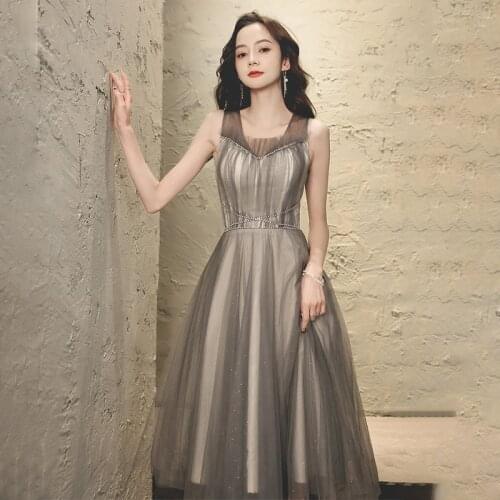 Evening Dress Empire Sleeveless A-Line Zipper Back V-Neck Simple Pleat Fashion Tulle Tea-Length Woman Formal Party Gowns A1447