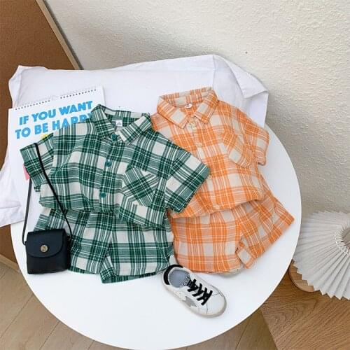 2021 Summer Kids Boys Clothing Sets Short Sleeve Plaid Fashion Suits For Boy Lapel Plaid Shirt Shorts Baby 2pcs Set Boys Clothes