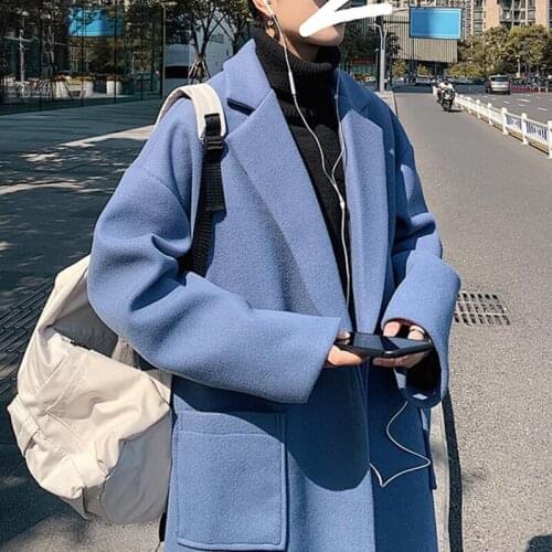 2021 Men Korean Style Solid Color Long Wool Overcoat Mens Streetwear Windbreaker Harajuku Fashions Oversize Jackets Coats