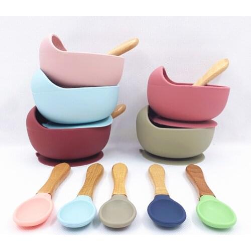 Baby Silicone Bowl Feeding Set Wooden Tableware Spoons Food Dinnerware Kids Dishes Suction Bowl BPA Free Feeding Dinner Bowl