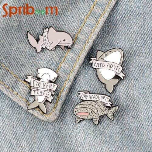 Cute Marine Animal Enamel Pins Metal Help Me I Am Tired And Depressed Shark Cartoon Pin Badge Backpack Denim Brooch For Friends