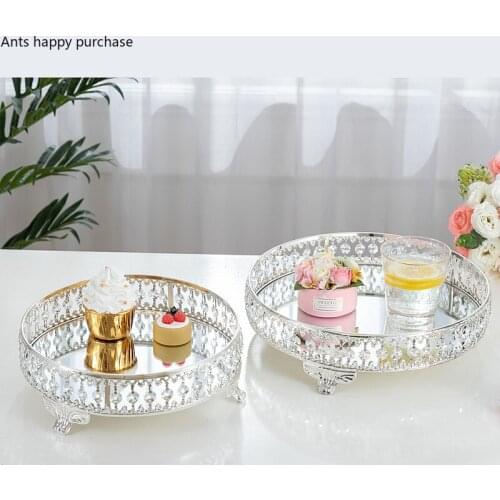 European Mirror Crystal Tray Round Metal Fruit Bowl Dessert Table Decoration Cake Display Stand Cosmetic Jewelry Storage Tray