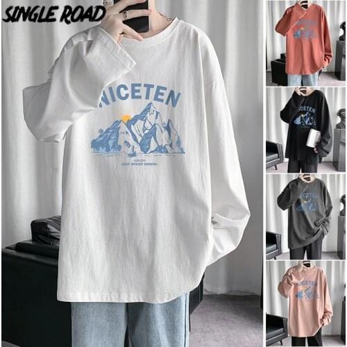 Single Road Mens Long Sleeve T-shirt Men 2021 Printed Cotton T Shirts Streetwear Harajuku Casual White Oversized T Shirt For Men