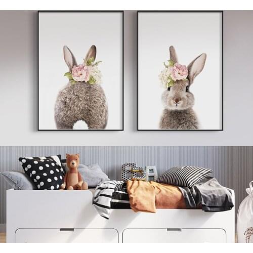 Cute Rabbit Animal Painting Home Decor Picture Wall Art Print and Poster Flower Picture Canvas Painting for Kids Bedroom Design