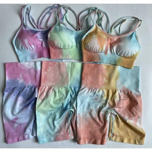 Tie Dye Fitness Outfit Yoga Suits 2 Piece High Waist Stretch Gym Shorts Seamless Padded Yoga Bra Workout Sports Wear Yoga Set