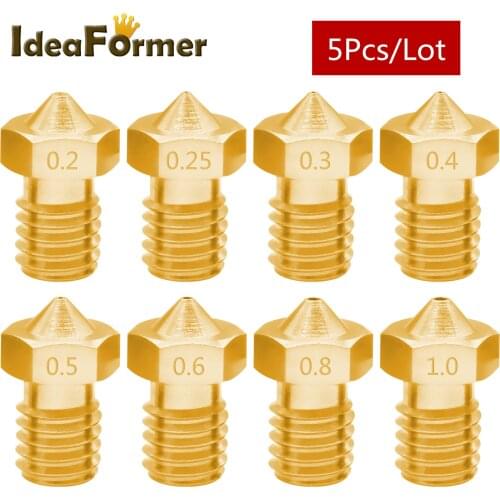 5Pcs V6 Brass Nozzle M6 Thread 0.2/0.25/0.3/04/0.5/0.6/0.8/1.0mm Optional For 1.75/3.0mm filament V5 V6 Hot End 3D Printer Parts