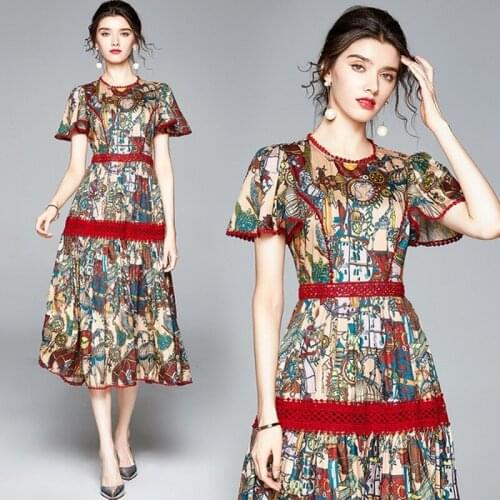 LLZACOOSH Vintage Flower Printed Patchwork 2021 New Summer Flare Sleeve Female Office Casual Party A Line Slim Midi Dress