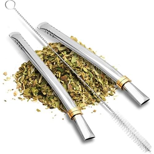 Yerba Mate Bombilla Straw Set of 2 with Cleaning Brush | Reusable Stainless Steel Straws | Bombilla Set for Mate Gourd/Cup