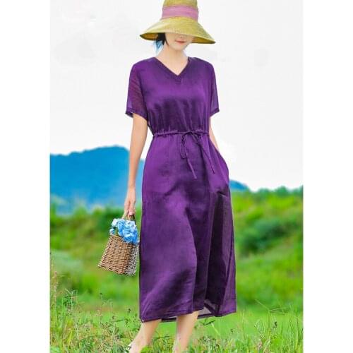 New Original Art Summer Womens Dress 2021 Ramie Slim V-neck Long Dress Age-Reducing Dress Plus Size Women