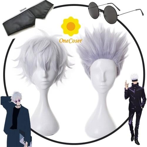 Anime Jujutsu Kaisen Gojo Satoru Short Hair Headwear Eye Patch Glasses Cosplay Wig + Free Wig Cap Synthetic Halloween Party Prop