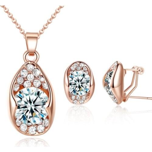 Ociki Crystal Necklace and Earrings Jewelry Set Cubic Zirconia Rose Gold Color Wedding for Women Girls Drop Trendy Wholesale