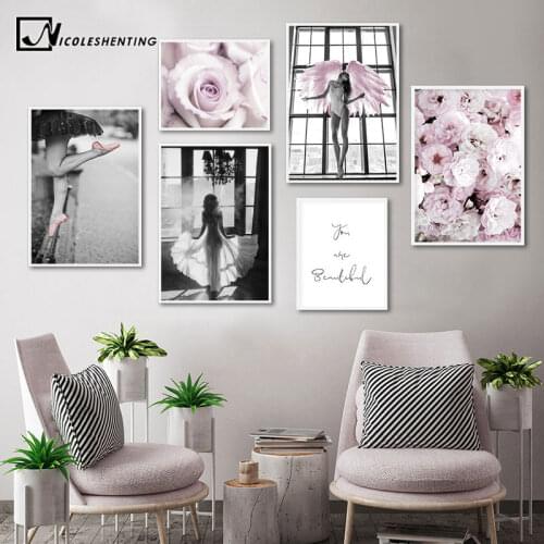 Pink Rose Flower Angel Wing Picture Scandinavian Fashion Poster Nordic Print Wall Art Canvas Painting Modern Living Room Decor