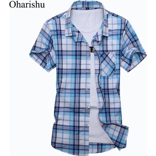 New Summer Fashion Mens Shirt Slim Fit Men Short Sleeve Plaid Shirts Mens Clothes Trend Casual Mens Social Shirt