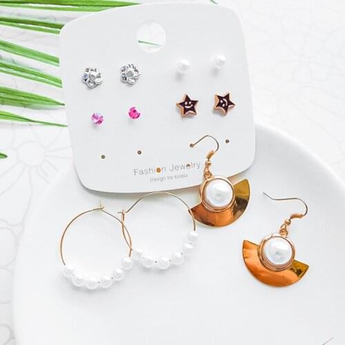 Korean Simple Pearl Hoop Earrings Geometric Crystal Flower Star Metal Drop Stud Earrings Set Womens Trend 2021 Female Jewelry