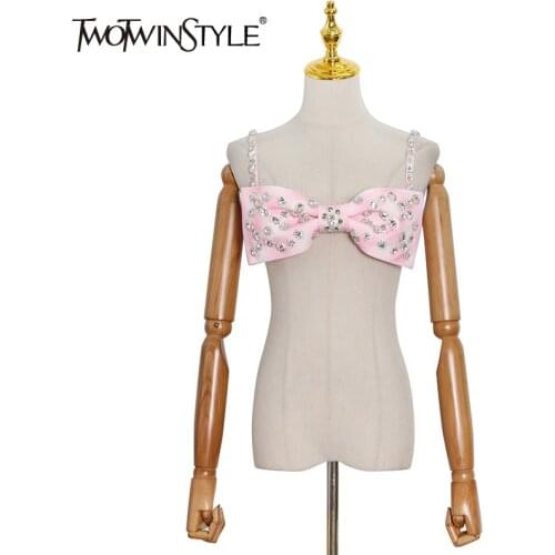 TWOTWINSTYLE Pink Bowknot Diamonds Womens Camisole Square Collar Sleeveless Colorblock Sexy Vests For Female 2021 Fashion Style