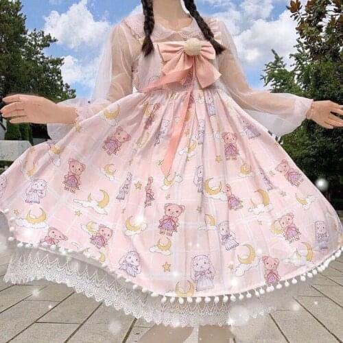 Japanese Sweet Kawaii Jsk Lolita Dress Cute Bear Rabbit Printing Cartoon Sleeveless Bow Lace Princess Tea Party Dresses