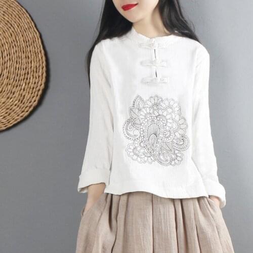 Blouse Women White Blouse Plus size Ethnic Embroidery 100% Cotton Blouse Oversize Long Sleeve Ladies Top Casual