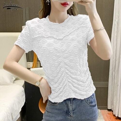 2021 New Summer Office Lady Fashion O-neck Clothes Short Sleeve Hook Flower Hollow Out White Lace Blouse Women Shirts Tops 15535