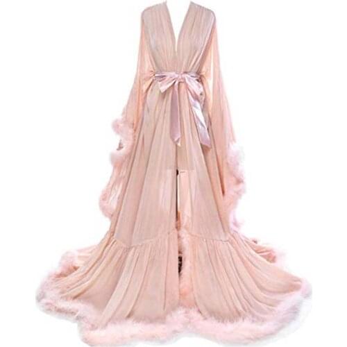 Womens Sexy Feather Bridal Nightgown Long Wedding Scarf Illusion Bathrobe Lingerie Nightgown