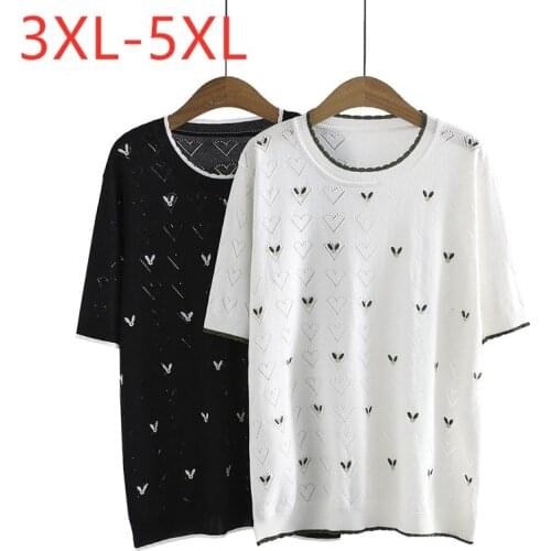 New 2021 Ladies Summer Plus Size Knit Top For Women Large Short Sleeve Loose Floral White Hollow Out O-neck T-Shirt 3XL 4XL 5XL