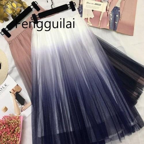FENGGUILAI Beautiful Gradient Color Long Tulle Skirts Women Korean A-line High Waist Pleated Maxi Skirt Female School Skirt Girl