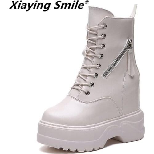 Xiaying Smile Women Heel Boots New Fashion Casual Shoes Winter Female Hell Platform Lace-up Zipper Wedges Classical Boots Shoes