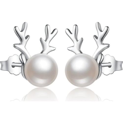Stud Temperament Female Japanese and Korean Simple Fashion Antler Pearl Studs Are Round Earrings Earrings Ear Ring