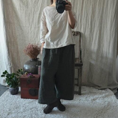 Women Retro Wide Leg Calf Length Pants Ladies Vintage Solid Color Pants Female Trousers 2018 Summer Ramie